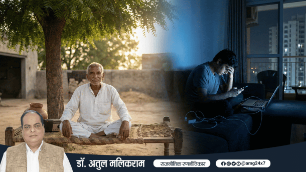 भारत में पुराने और आधुनिक जीवनशैली के बीच का भावनात्मक अंतर दर्शाता दृश्य, जहाँ समय की रफ्तार सोच और सेहत को प्रभावित करती दिखती है