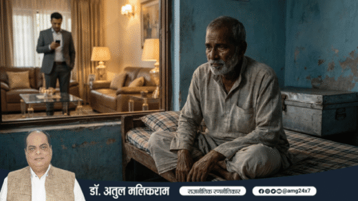 आधुनिक भारतीय समाज में मूल्यों और संपन्नता का टकराव दर्शाता दृश्य, जहाँ बुजुर्ग पिता का त्याग और बेटे की भावनात्मक दूरी साफ झलकती है