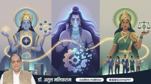 विष्णु, शिव और पार्वती के प्रतीकात्मक रूप, कॉर्पोरेट में संतुलन, नवाचार और नेतृत्व को दर्शाते हुए