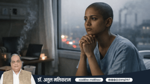 कम उम्र के युवाओं में बढ़ते कैंसर का प्रतीकात्मक दृश्य, जहाँ आधुनिक जीवनशैली, प्रदूषण और स्वास्थ्य संकट की गंभीरता दिखाई देती है