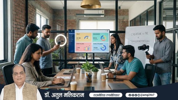 ब्रांड्स के साथ काम करते कंटेंट क्रिएटर्स, पीआर और क्रिएटर इकॉनमी के बदलते परिदृश्य को दर्शाता दृश्य