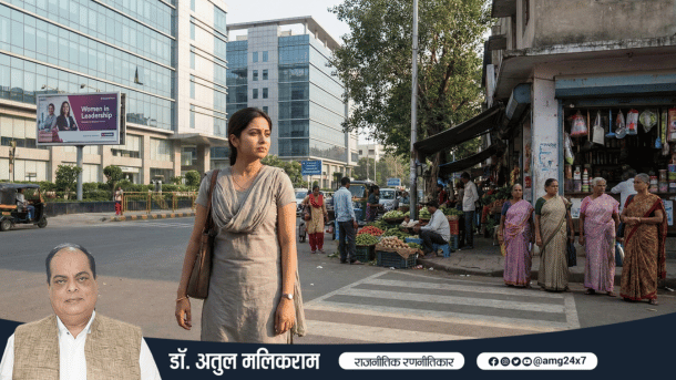 भारतीय समाज में महिला सशक्तिकरण की हकीकत दर्शाता प्रतीकात्मक दृश्य, जहाँ सपने, जिम्मेदारियाँ और असमानता साथ-साथ दिखाई देती हैं