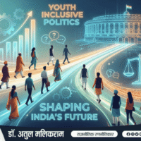 भारतीय राजनीति में युवा प्रतिनिधित्व और समावेशिता को दर्शाता प्रतीकात्मक चित्र, संसद और युवा चिन्हों के साथ।