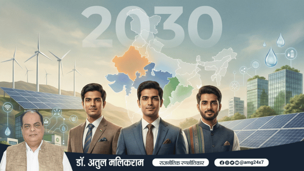 Minimalistic map highlighting MP, Rajasthan and Chhattisgarh with SDG icons