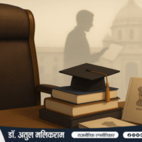 राजनेता की खाली कुर्सी, किताबें और संसद की पृष्ठभूमि वाला प्रतीकात्मक दृश्य