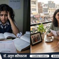 परीक्षा के दबाव में बैठा छात्र और जीवन की चुनौतियों पर सोचता युवा, स्कूल और ज़िंदगी के सिलेबस का अंतर दर्शाता दृश्य