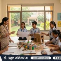 कक्षा में रचनात्मक गतिविधियों के माध्यम से सीखते छात्र, व्यावहारिक और छात्र-केंद्रित शिक्षा का प्रतीक