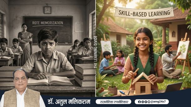 कौशल आधारित शिक्षा और रटंत शिक्षा के बीच अंतर दर्शाता दृश्य, जहाँ बच्चा स्वतंत्र सोच के साथ सीख रहा है