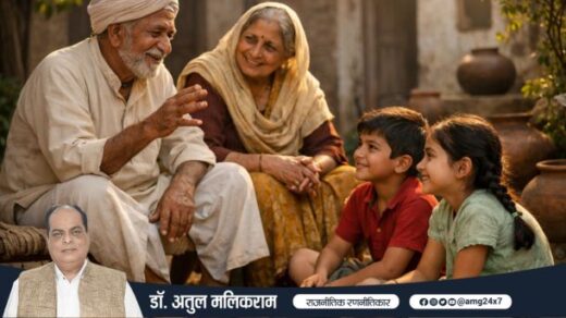 दादा-दादी बच्चों को जीवन के सबक सिखाते हुए, पीढ़ियों के बीच सीखने का भाव दर्शाता दृश्य।दादा-दादी बच्चों को जीवन के सबक सिखाते हुए, पीढ़ियों के बीच सीखने का भाव दर्शाता दृश्य।