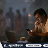 एक व्यक्ति उदास होकर अपने घर के बरामदे में अकेले बैठा, डिजिटल युग में खोए रिश्तों और मानवीय संवेदनाओं का प्रतीक।