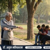 पार्क में सुबह सैर करते स्वस्थ बुजुर्ग और मोबाइल में उलझे युवा