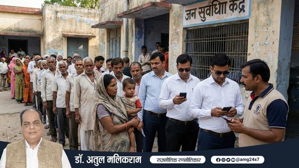 सरकारी योजनाओं की कतार में खड़े लोग, असली और झूठी गरीबी के बीच के फर्क को दर्शाता दृश्य