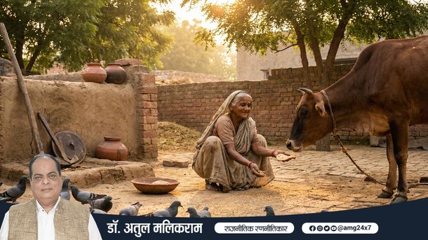 गाँव में पशु-पक्षियों को दाना देती दादी माँ