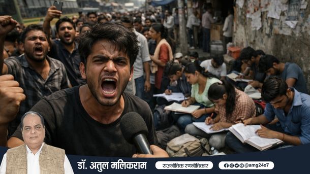 बेरोजगारी पर बोलते युवा और सरकारी नौकरी की तैयारी करते उम्मीदवार, अवसर और योग्यता के अंतर को दर्शाता दृश्य