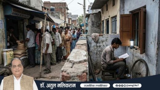 भारत में गरीबी, मुफ्त सरकारी सहायता और आत्मनिर्भरता के बीच के विरोधाभास को दर्शाता दृश्य