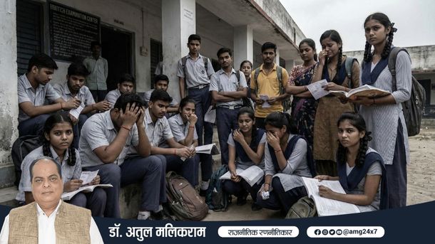 परीक्षा घोटाले के बाद तनाव और निराशा में डूबे छात्र, शिक्षा प्रणाली के संकट को दर्शाता दृश्य