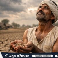 सूखे खेत में खड़ा मेहनती किसान आसमान की ओर देखता हुआ