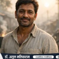 मुस्कुराता हुआ भारतीय व्यक्ति कठिन परिस्थितियों में भी सकारात्मक सोच दिखाते हुए