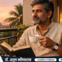 बालकनी में चाय और किताब के साथ विचारमग्न भारतीय लेखक