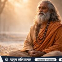 कुहासे भरी सुबह में शांत भाव से बैठे साधु, आत्मा और शरीर से परे चेतना का प्रतीक