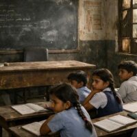 सरकारी स्कूल की खाली कक्षा में बैठे छात्र जहाँ शिक्षक की अनुपस्थिति भारत में शिक्षा संकट को दर्शाती है