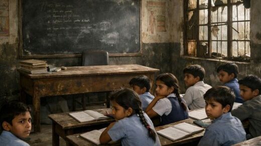 सरकारी स्कूल की खाली कक्षा में बैठे छात्र जहाँ शिक्षक की अनुपस्थिति भारत में शिक्षा संकट को दर्शाती है