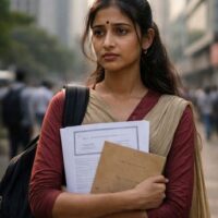 डिग्री हाथ में लिए नौकरी की तलाश में निराश भारतीय युवा, जो शिक्षा और कौशल के बीच की खाई को दर्शाता है