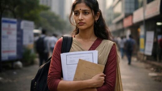 डिग्री हाथ में लिए नौकरी की तलाश में निराश भारतीय युवा, जो शिक्षा और कौशल के बीच की खाई को दर्शाता है