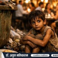 झुग्गी बस्ती के बाहर बैठा भूखा बच्चा कूड़े के पास रखा बचा हुआ खाना देखता हुआ