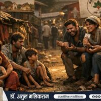 एक भारतीय शहर की झुग्गी के पास गरीब और धनी लोगों का अंतर दिखाता दृश्य, जिसमें कोई व्यक्ति झूठा गरीब होने का दिखावा कर रहा हो।