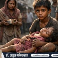 भारतीय झुग्गी बस्ती में भूख से बेहाल एक बच्ची अपने भाई की गोद में लेटी हुई