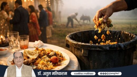 शादी समारोह में प्लेट में छोड़ा गया खाना और पास में डस्टबिन, भारत में भोजन की बर्बादी को दर्शाता दृश्य