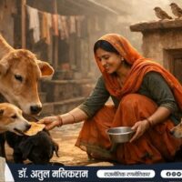 भारतीय घर के बाहर भूखे जानवर और पक्षी, जिन्हें भोजन दिया जा रहा है