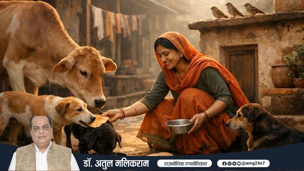 भारतीय घर के बाहर भूखे जानवर और पक्षी, जिन्हें भोजन दिया जा रहा है