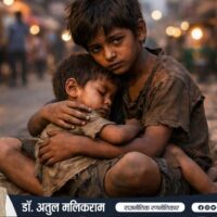 भूखे भारतीय बच्चे फुटपाथ पर बैठे भोजन की प्रतीक्षा करते हुए