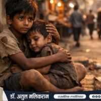 फुटपाथ पर बैठे दो भूखे भारतीय बच्चे भोजन की प्रतीक्षा करते हुए