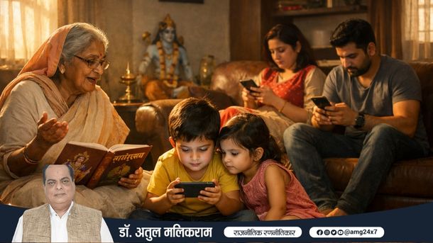 मोबाइल में उलझे बच्चे और पीछे संस्कार सिखाती दादी