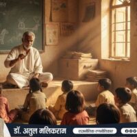 गुरु-शिष्य परंपरा को दर्शाता ग्रामीण छात्रों को मार्गदर्शन करता भारतीय शिक्षक