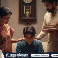 चिंतित भारतीय माता-पिता, एक समस्याग्रस्त किशोर को सही मार्ग दिखाते हुए, किशोर अपराध की रोकथाम का प्रतीक