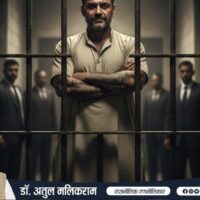 जेल की सलाखों के पीछे आत्मविश्वास से खड़ा एक कुख्यात भारतीय अपराधी, जो जेल को अपराध की अनकही यूनिवर्सिटी के रूप में दर्शाता है।