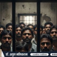 भीड़भाड़ वाली भारतीय जेल की कोठरी में खड़े निराश कैदी, जो अपराध के दुष्चक्र में फँसी जिंदगियों को दर्शाते हैं।