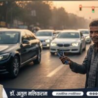 ट्रैफिक सिग्नल पर पेन बेचता एक गरीब भारतीय फेरीवाला