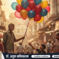 रंगीन गुब्बारे बेचता भारतीय फेरीवाला और उसे देखते बच्चे