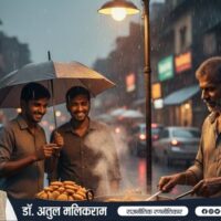 बारिश के मौसम में ठेले पर गरमा-गरम पकौड़े बनाता भारतीय स्ट्रीट फूड वेंडर