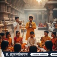 मंदिर में आरती करते युवा भारतीय बच्चे