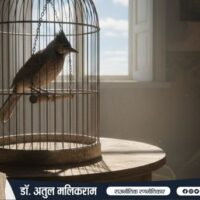 पिंजरे में कैद उदास पक्षी और पास खड़ी खुली आसमान की रोशनी