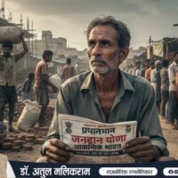 सरकारी योजनाओं के पोस्टर के सामने सोचता हुआ भारतीय व्यक्ति