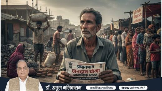 सरकारी योजनाओं के पोस्टर के सामने सोचता हुआ भारतीय व्यक्ति