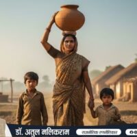 कुएँ से पानी लाती ग्रामीण गरीब महिला और उसके साथ बच्चे