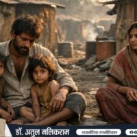 भारत की झुग्गी बस्ती में बैठा गरीब मजदूर परिवार गरीबी की वास्तविकता दर्शाता हुआ